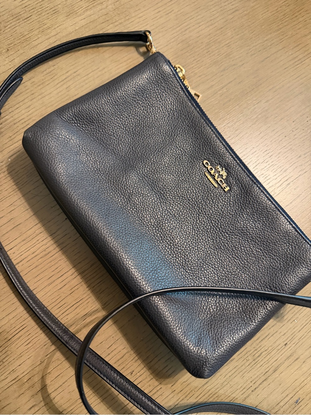 Coach Navy Pebbled Leather Crossbody with Gold Hardware